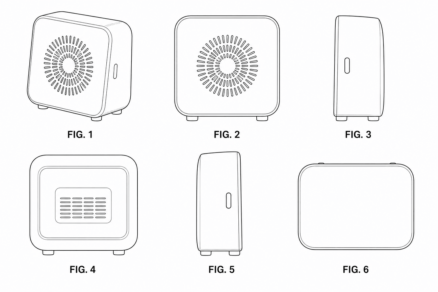 Six-view design patent drawing of a desktop air quality monitor